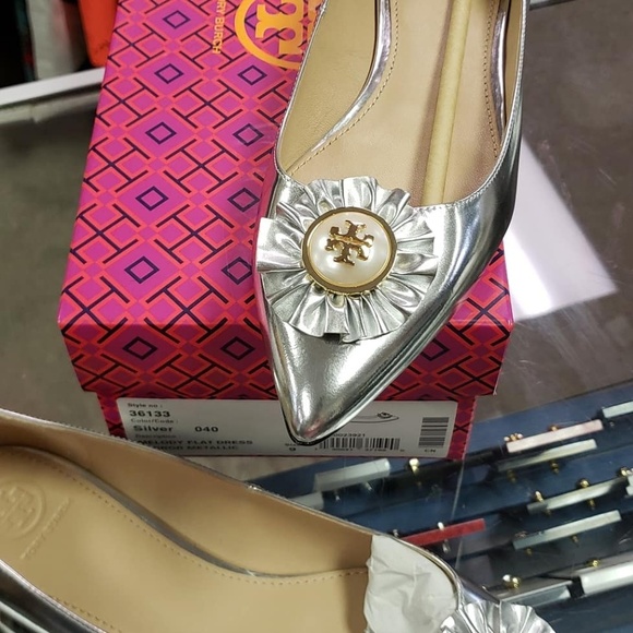 Tory Burch Melody Metallic Flats Pearl Logo - Picture 2 of 7